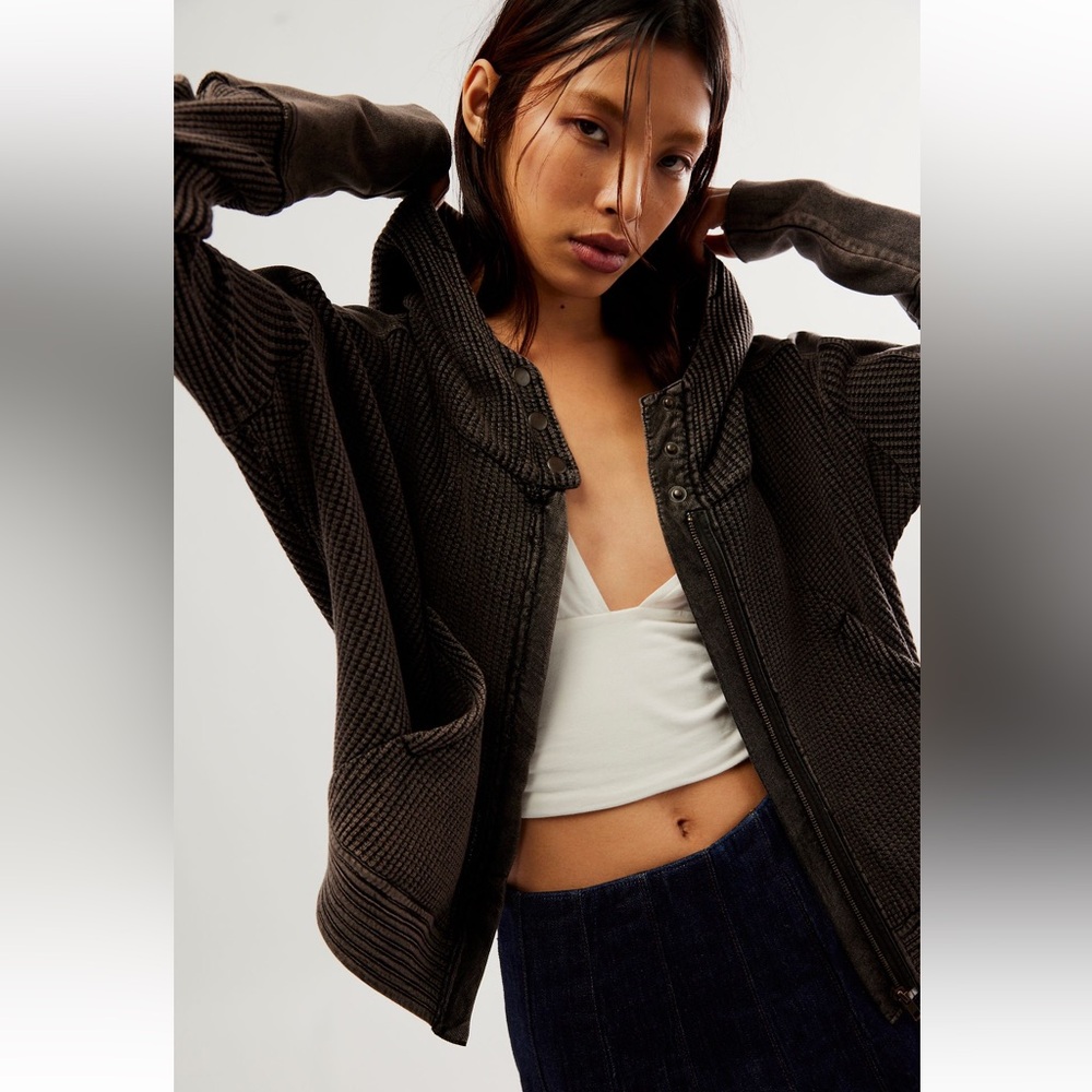Free People FP One Mason Hoodie Black Crop Waffle Knit sz XS